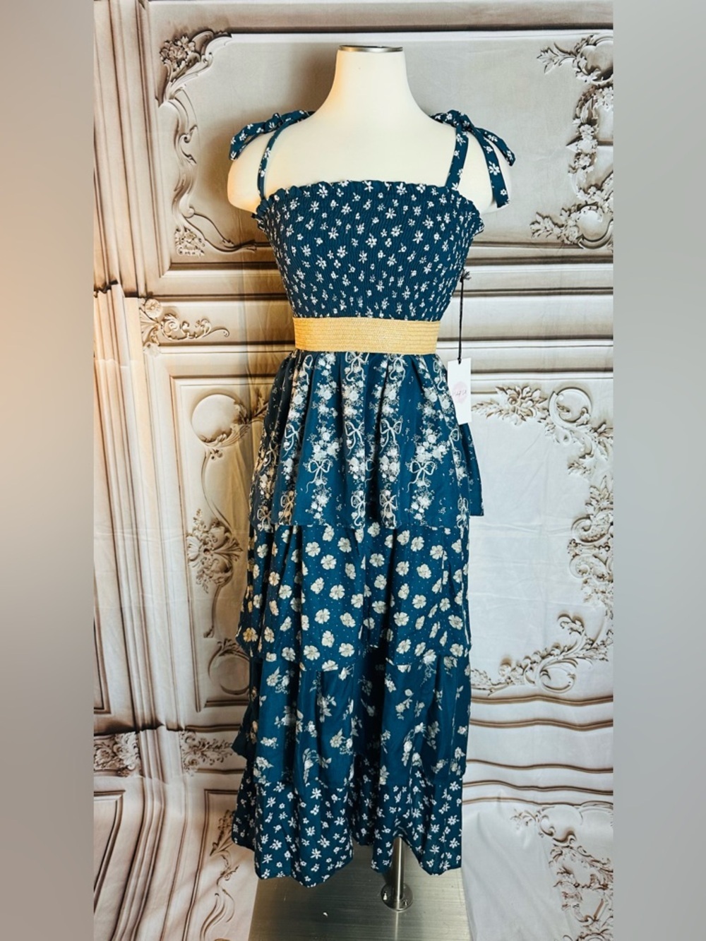 Smocked Teal Floral Maxi Dress with Yellow Waistband